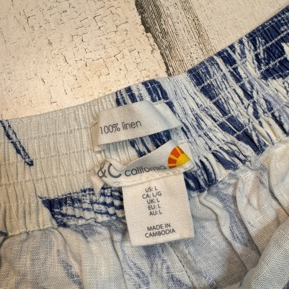 C&C California Cropped Wide Leg Linen Pants Blue Floral Tropical Large